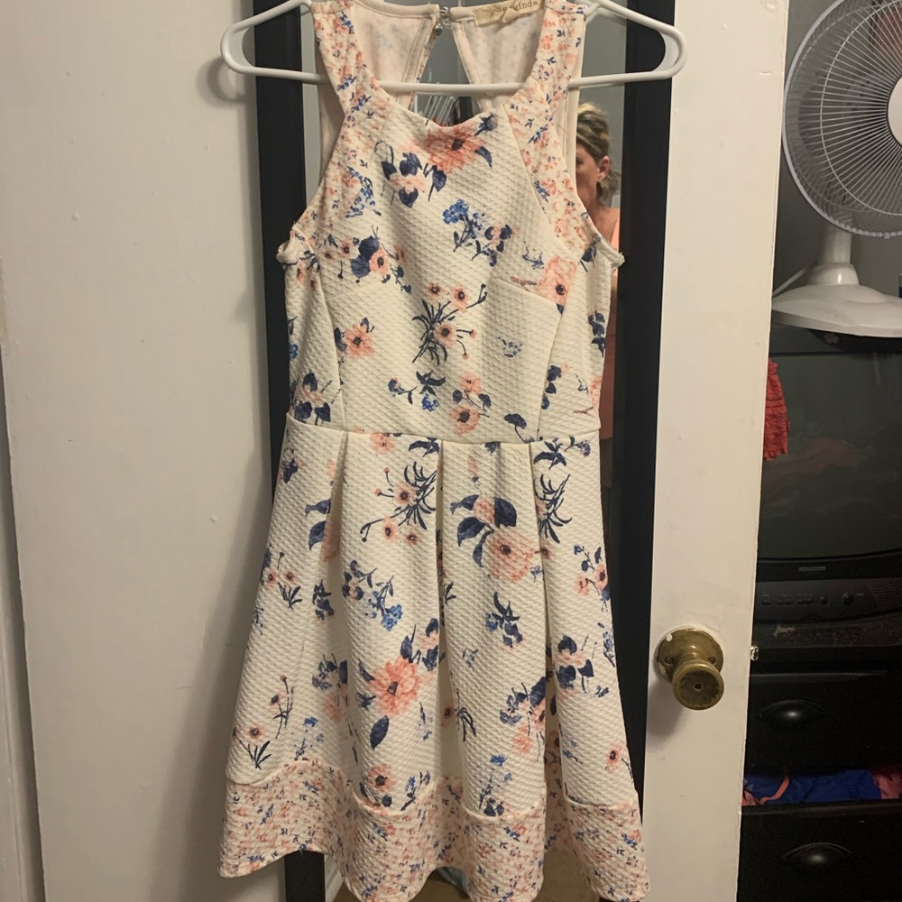 Rewind cream colored dress with blush and blue flower design. Worn once